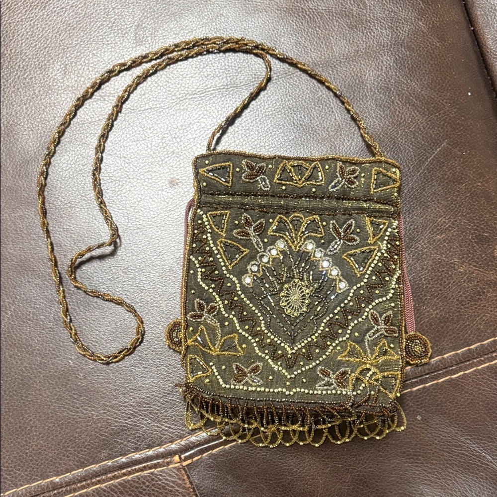Embroidered Brown Beaded Women's Bag